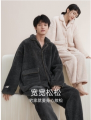 红豆情侣睡衣珊瑚绒男秋冬季加厚法兰绒女休闲泡泡绒家居服套装
