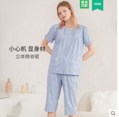 秋鹿【雅质风】甜美睡衣女夏款短袖七分裤花边棉质提花家居服薄款