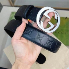 正品Gucci古驰皮带经典双G黑色压花古奇腰带男女休闲商务真皮腰链