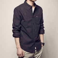 秋装新品磨毛纯色衬衣胸前口袋长袖上衣单排扣男士衬衫潮